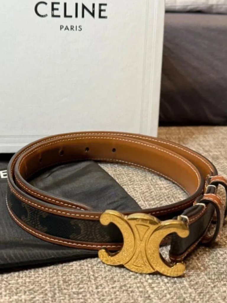 Celine Medium Triomphe Belt Monogram Canvas Brown Leather Trim Gold Triomphe Buc